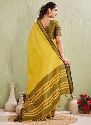 Classic yellow art silk saree with olive green border 2