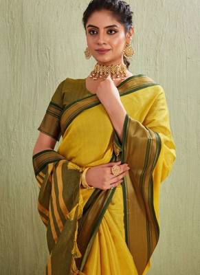 Classic yellow art silk saree with olive green border 3
