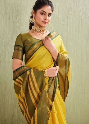 Classic yellow art silk saree with olive green border 4