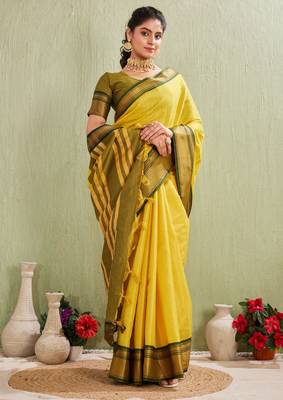 Classic yellow art silk saree with olive green border 5