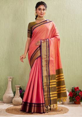 Elegant pink and olive traditional saree with striped pallu 1
