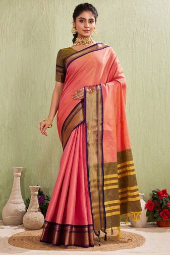 Elegant pink and olive traditional saree with striped pallu