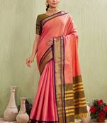 Elegant pink and olive traditional saree with striped pallu