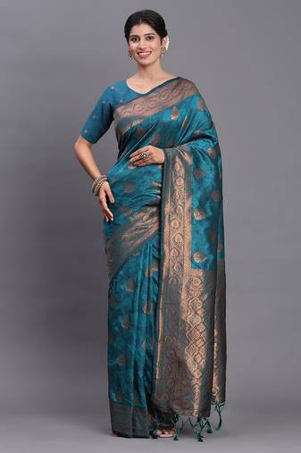 Teal blue banarasi silk blend saree with copper zari woven pallu