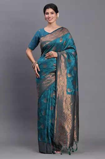 Teal blue banarasi silk blend saree with copper zari woven pallu