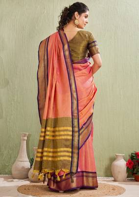 Elegant pink and olive traditional saree with striped pallu 2