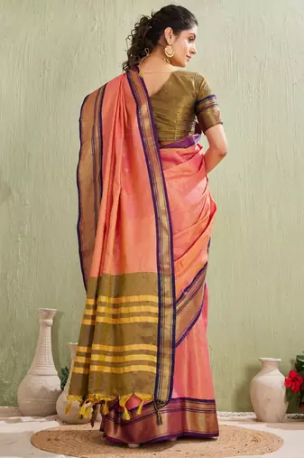 Elegant pink and olive traditional saree with striped pallu