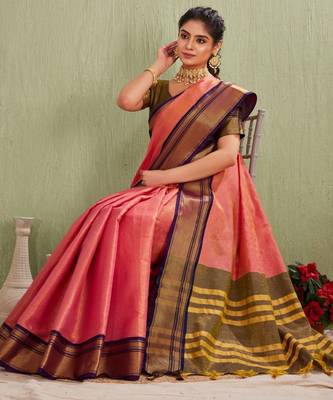 Elegant pink and olive traditional saree with striped pallu 3