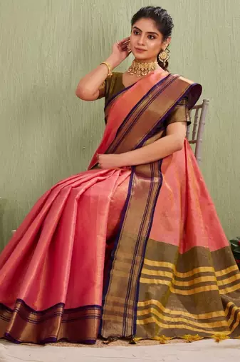 Elegant pink and olive traditional saree with striped pallu