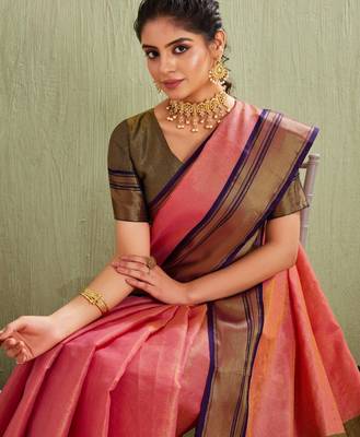 Elegant pink and olive traditional saree with striped pallu 4