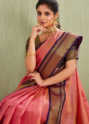 Elegant pink and olive traditional saree with striped pallu 5