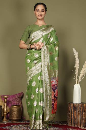 Green floral linen cotton saree with zari border and digital printed pallu