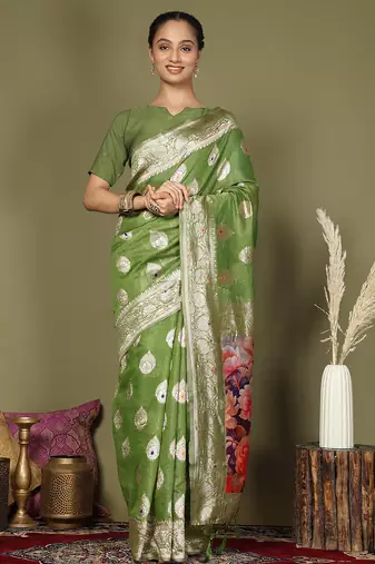 Green floral linen cotton saree with zari border and digital printed pallu