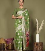 Green floral linen cotton saree with zari border and digital printed pallu
