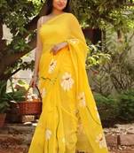 Fulari yellow floral painted saree
