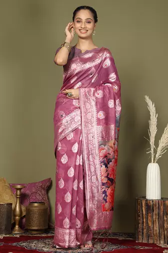 Rose pink floral linen cotton saree with zari border and digital printed pallu