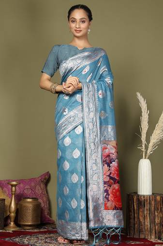 Sky blue floral linen cotton saree with zari border and digital printed pallu