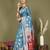 Sky blue floral linen cotton saree with zari border and digital printed pallu