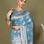 Sky blue floral linen cotton saree with zari border and digital printed pallu