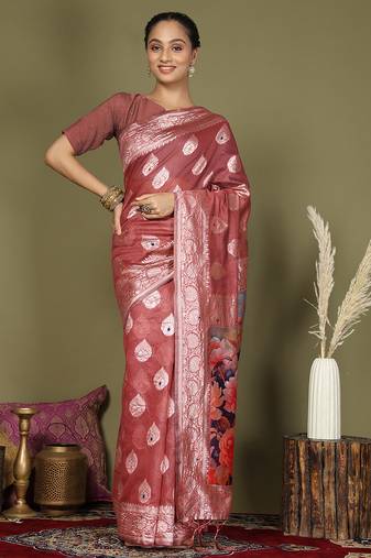 Rust floral linen cotton saree with zari border and digital printed pallu