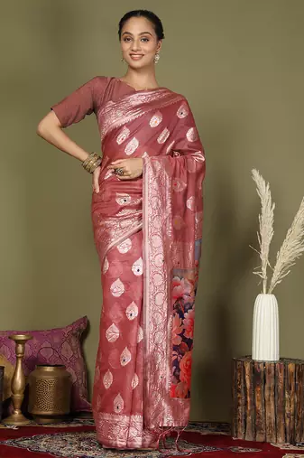 Rust floral linen cotton saree with zari border and digital printed pallu