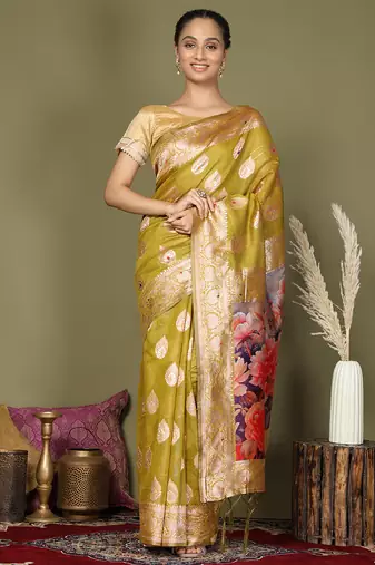 Mehendi green floral linen cotton saree with zari border and digital printed pallu