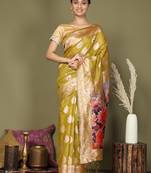 Mehendi green floral linen cotton saree with zari border and digital printed pallu