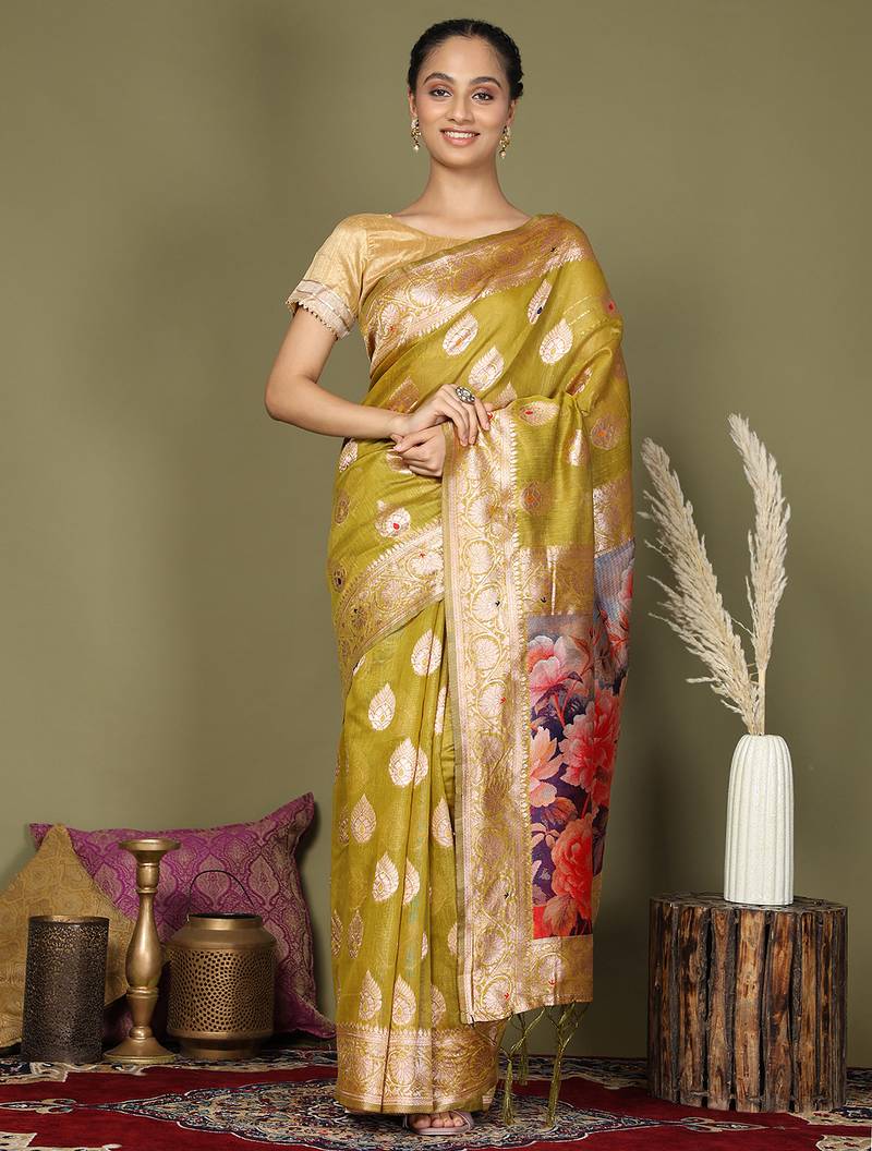 Mehendi green floral linen cotton saree with zari border and digital printed pallu
