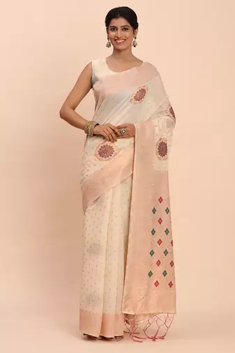 off white linen cotton saree with woven pallu butta work and tassels