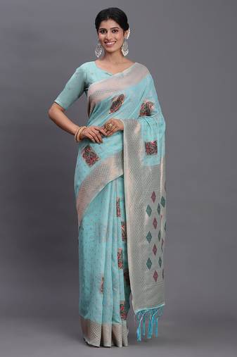 sky blue linen cotton saree with woven pallu butta work and tassels