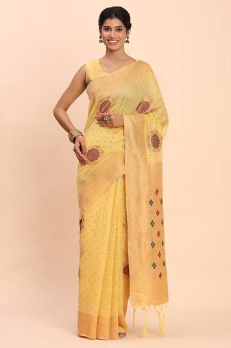 yellow linen cotton saree with woven pallu butta work and tassels