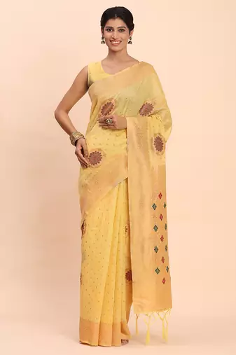 yellow linen cotton saree with woven pallu butta work and tassels