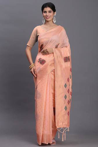 peach linen cotton saree with woven pallu butta work and tassels