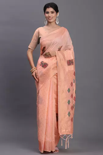peach linen cotton saree with woven pallu butta work and tassels