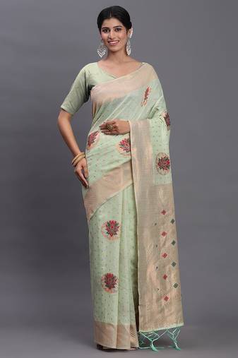 light green linen cotton saree with woven pallu butta work and tassels