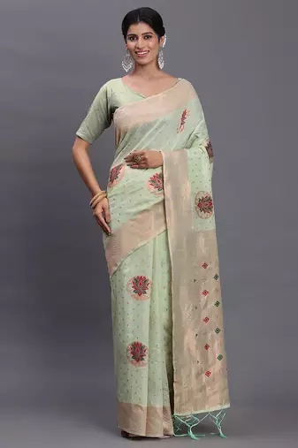 light green linen cotton saree with woven pallu butta work and tassels