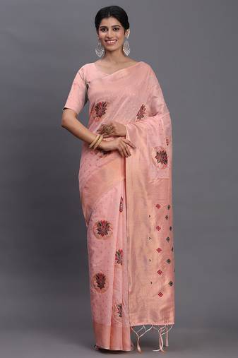 light pink linen cotton saree with woven pallu butta work and tassels