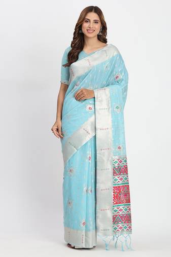Sky blue linen saree with multicolor weaving and zari pallu