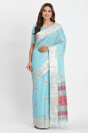 Sky blue linen saree with multicolor weaving and zari pallu
