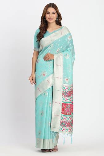 Sea green linen saree with multicolor weaving and zari pallu