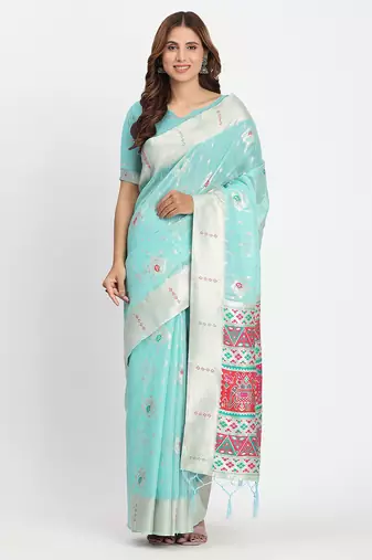 Sea green linen saree with multicolor weaving and zari pallu