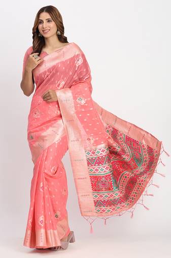 Peach linen saree with multicolor weaving and zari pallu