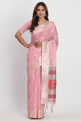 Light pink linen saree with multicolor weaving and zari pallu