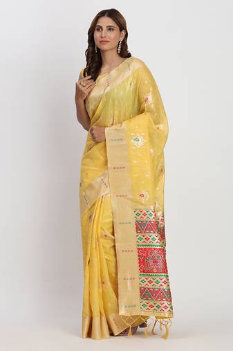 Yellow linen saree with multicolor weaving and zari pallu