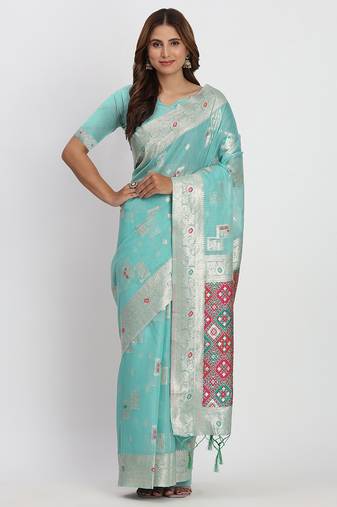 Sea green linen saree with multicolor weaving and zari pallu