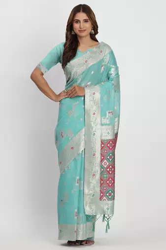 Sea green linen saree with multicolor weaving and zari pallu