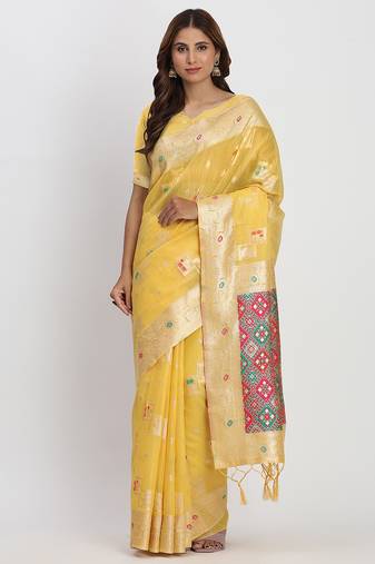 Yellow linen saree with multicolor weaving and zari pallu