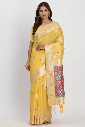 Yellow linen saree with multicolor weaving and zari pallu