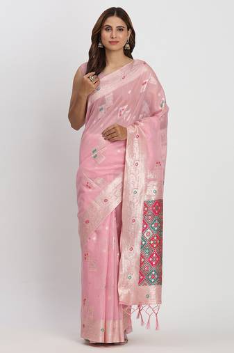 Light pink linen saree with multicolor weaving and zari pallu