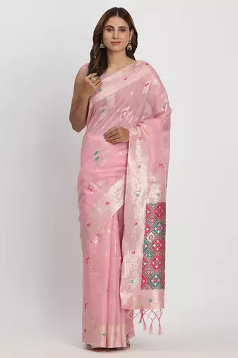 Light pink linen saree with multicolor weaving and zari pallu